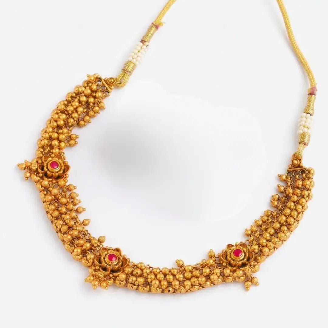 South Indian Temple Jewellery Short Necklace Set with Ruby Motifs