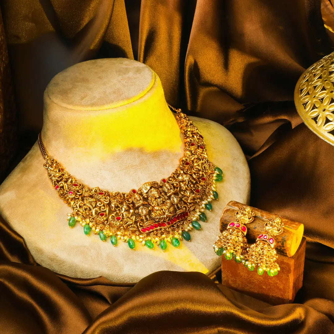 Manga Swarna Navaratna Kanti Short Necklace Set | Gold-Plated Temple J-1016