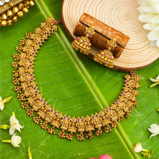 Mangala Jhumka Temple Jewellery Short Necklace Set with Jhumka Drops