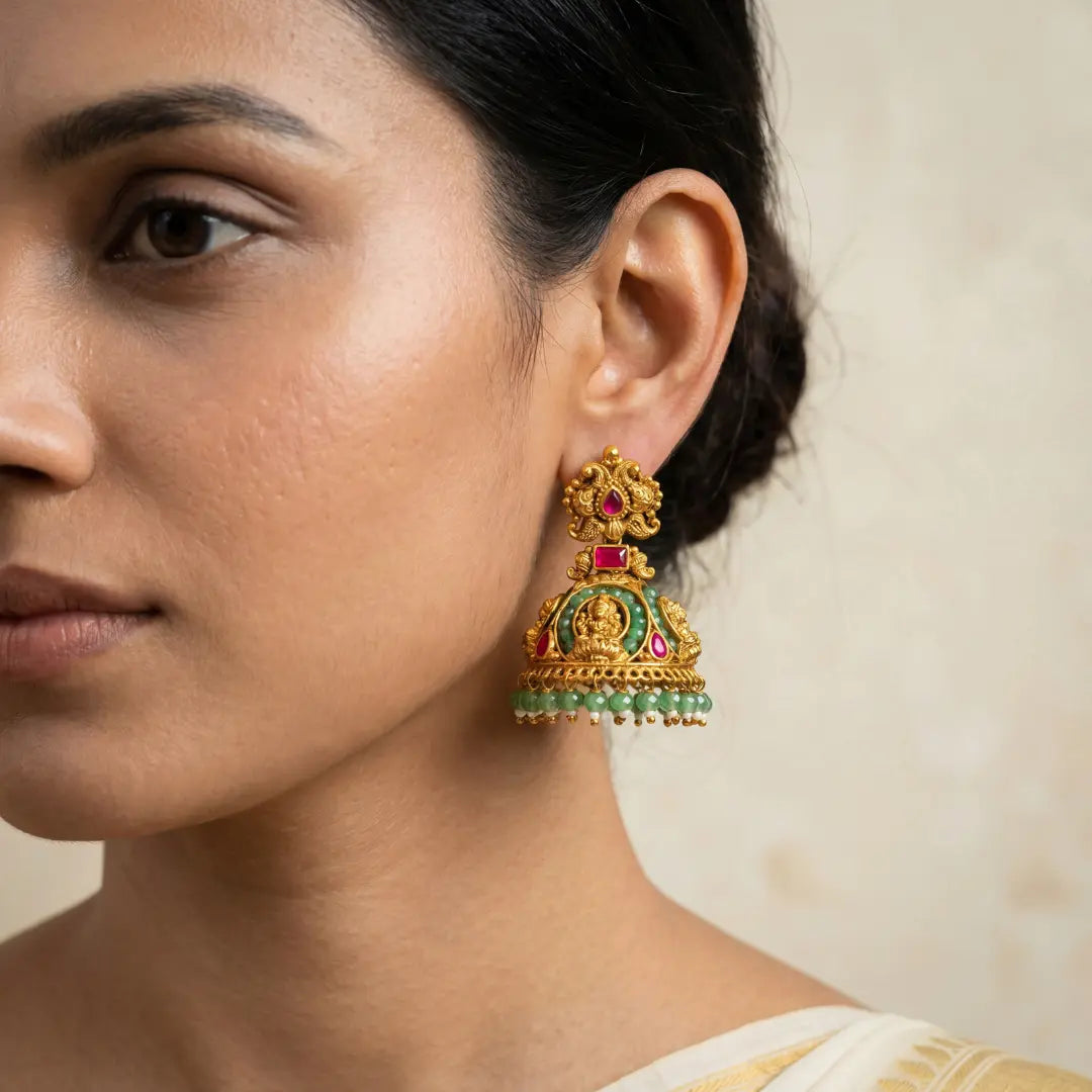 Hamsa Pushpa Jhumka | Gold-Plated Swan Floral Temple Earrings