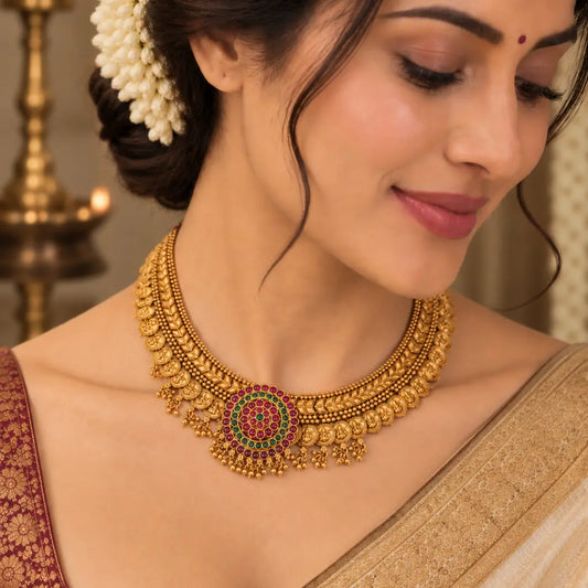 Sampada Kasu Temple Jewellery Short Necklace Set for Festive Styling K-1802