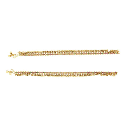 Traditional Gold Plated Temple Payal with Pink Stone Detailing