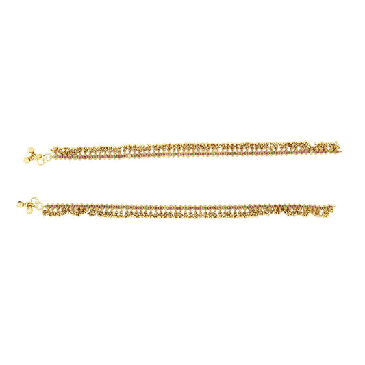 Traditional Gold Plated Temple Payal with Pink Stone Detailing