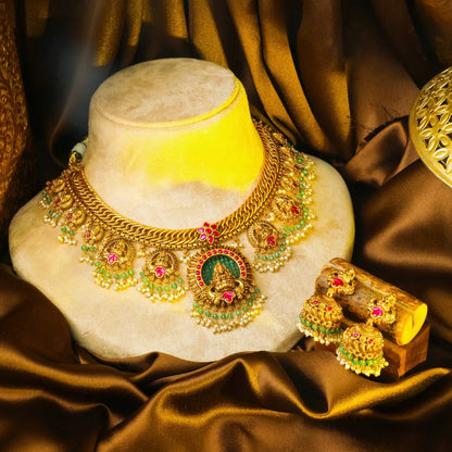 Pachi Swarna Kodi Kanti Short Necklace Set | Gold-Plated Temple Jewellery J-836