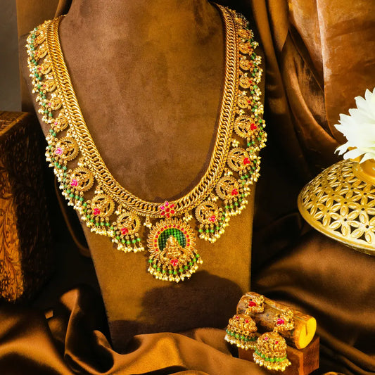 Antique Kamalam Manga Muthu Kanti Long Necklace Set | Gold-Plated Temple J-837