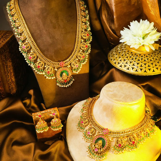 Muthu Pachi Swarna Haar Combo Necklace Set | Gold-Plated Temple J-836N