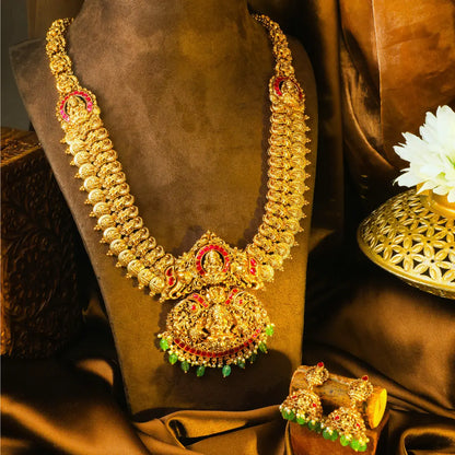 Swarna Kodi Navaratna Kanti Long Necklace Set | Gold-Plated Temple