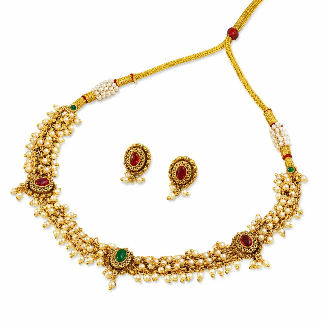 Classic South Temple Short Necklace Set – Ruby, Emerald & Pearl Detailing T-38