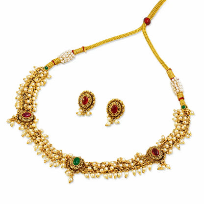 Classic South Temple Short Necklace Set – Ruby, Emerald & Pearl Detailing T-38