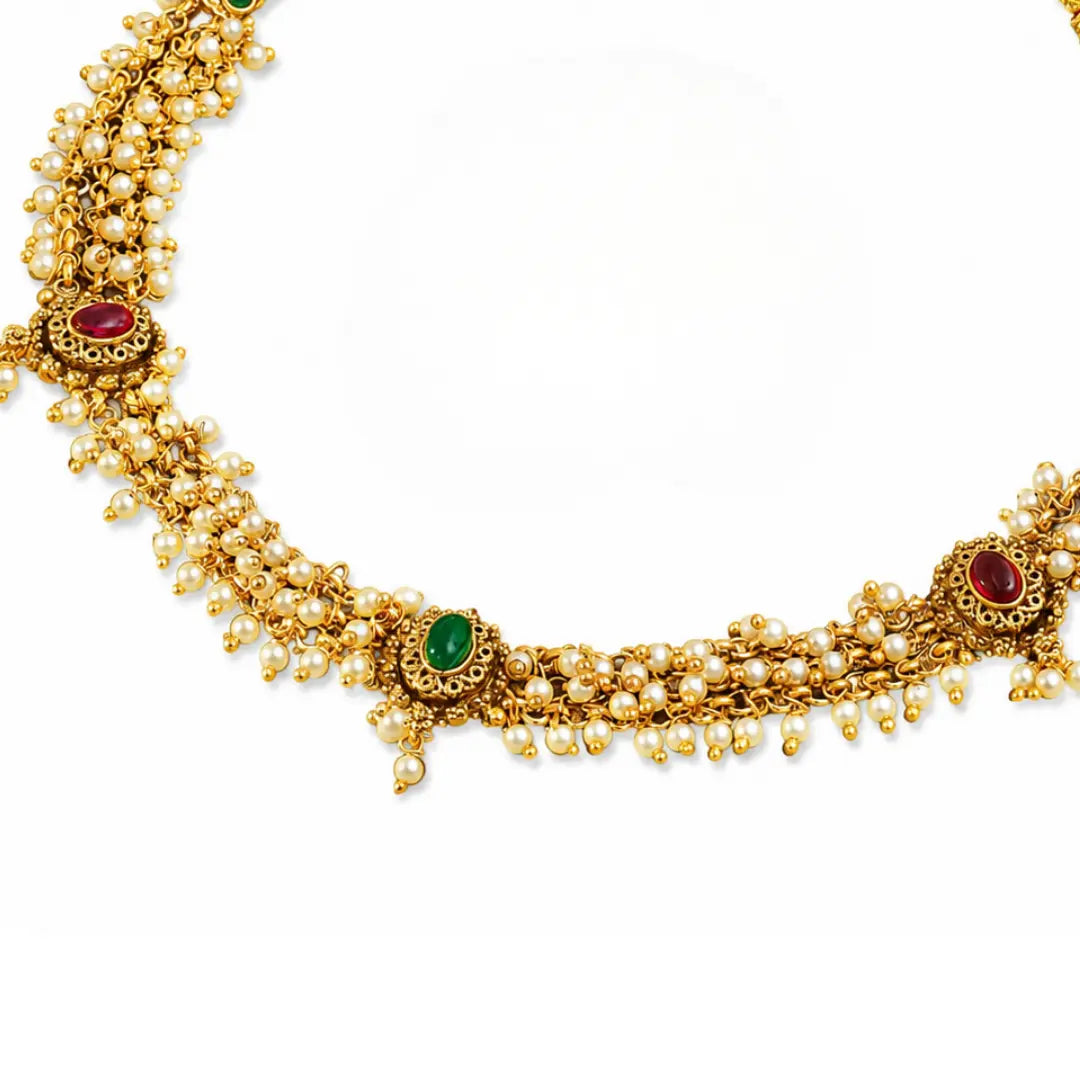 Classic South Temple Short Necklace Set – Ruby, Emerald & Pearl Detailing T-38