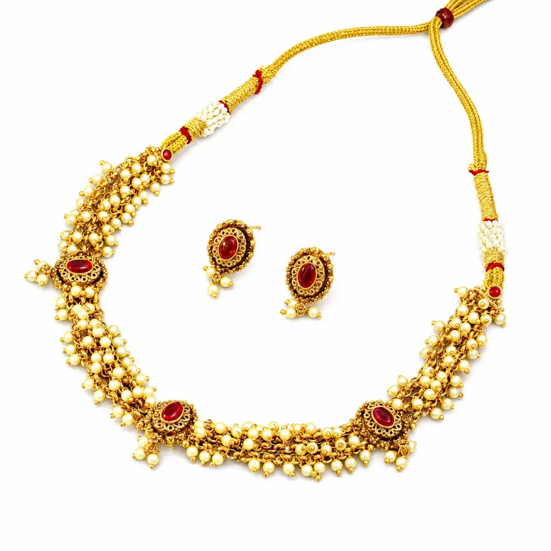 Classic South Temple Short Necklace Set – Ruby, Emerald & Pearl Detailing T-38