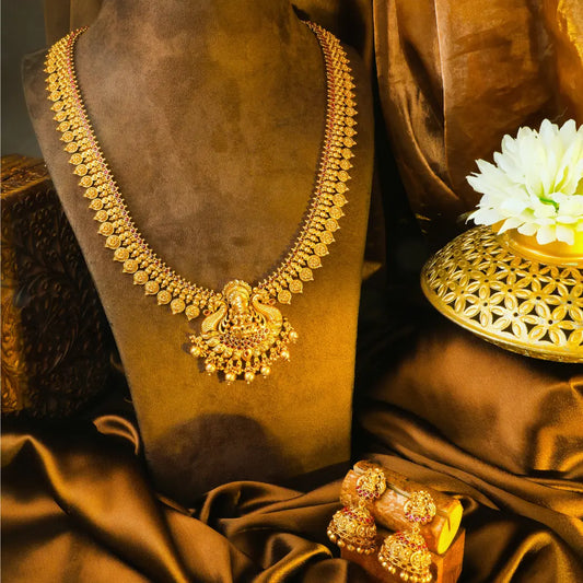 Navaratna Muthu Swarna Kanti Long Necklace Set | Gold-Plated Temple K-1894