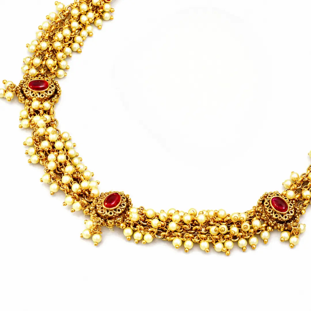 Classic South Temple Short Necklace Set – Ruby, Emerald & Pearl Detailing T-38