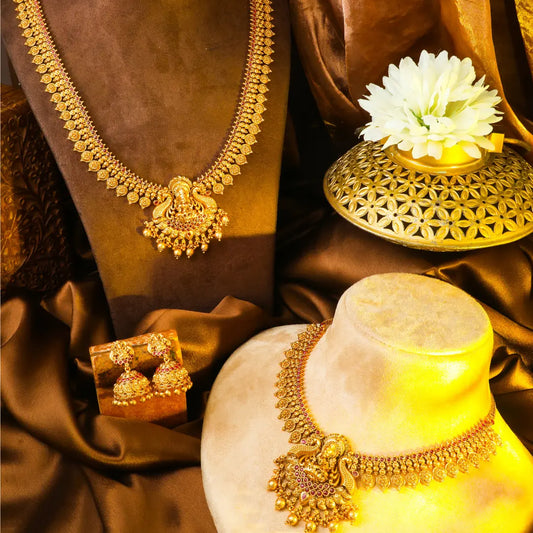 Antique Kodi Swarna Mala Haar Combo Necklace Set | Gold-Plated Temple K-1893N