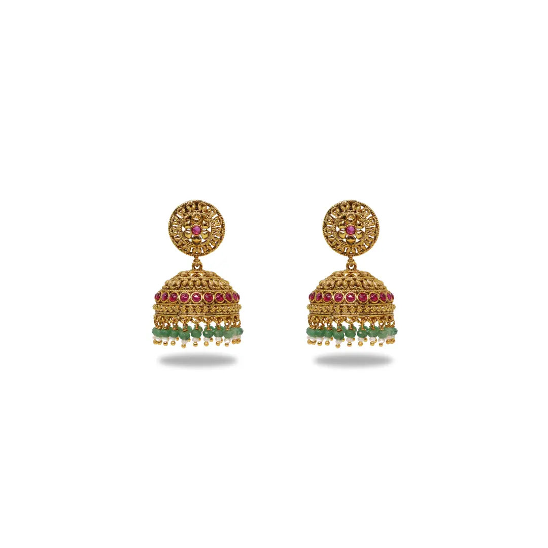 Antique Gold Look Jhumkas with Pink Detailing & Green Beads R-2232
