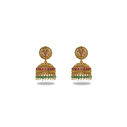Antique Gold Look Jhumkas with Pink Detailing & Green Beads R-2232
