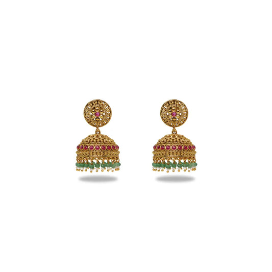 Antique Gold Look Jhumkas with Pink Detailing & Green Beads R-2232
