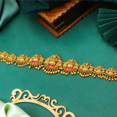 Antique Gold Plated Temple Kamarband with Laxmi Motif and Pink Stones