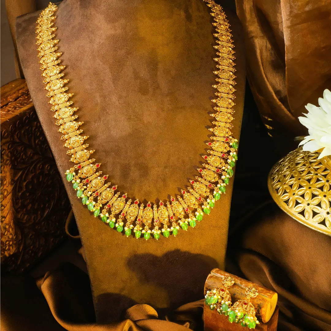 Pachi Navaratna Swarna Kanti Long Necklace Set | Gold-Plated Temple J-1030