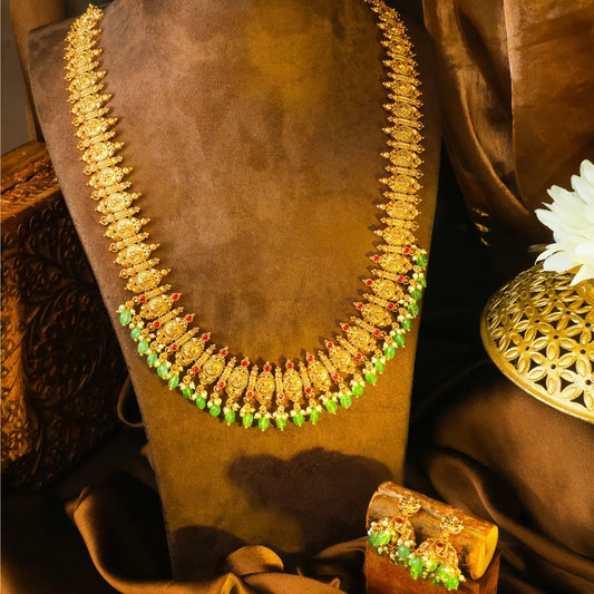  Pachi Navaratna Swarna Kanti Long Necklace Set | Gold-Plated Temple J-1030