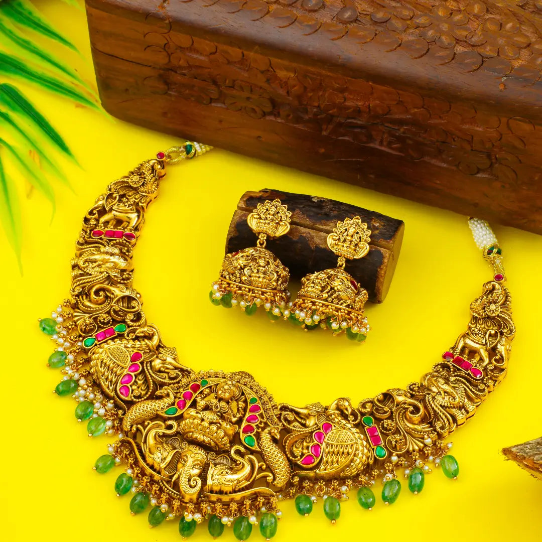 Heritage Temple Jewellery Short Necklace Set with Laxmi Design | Bridal Gold Look
