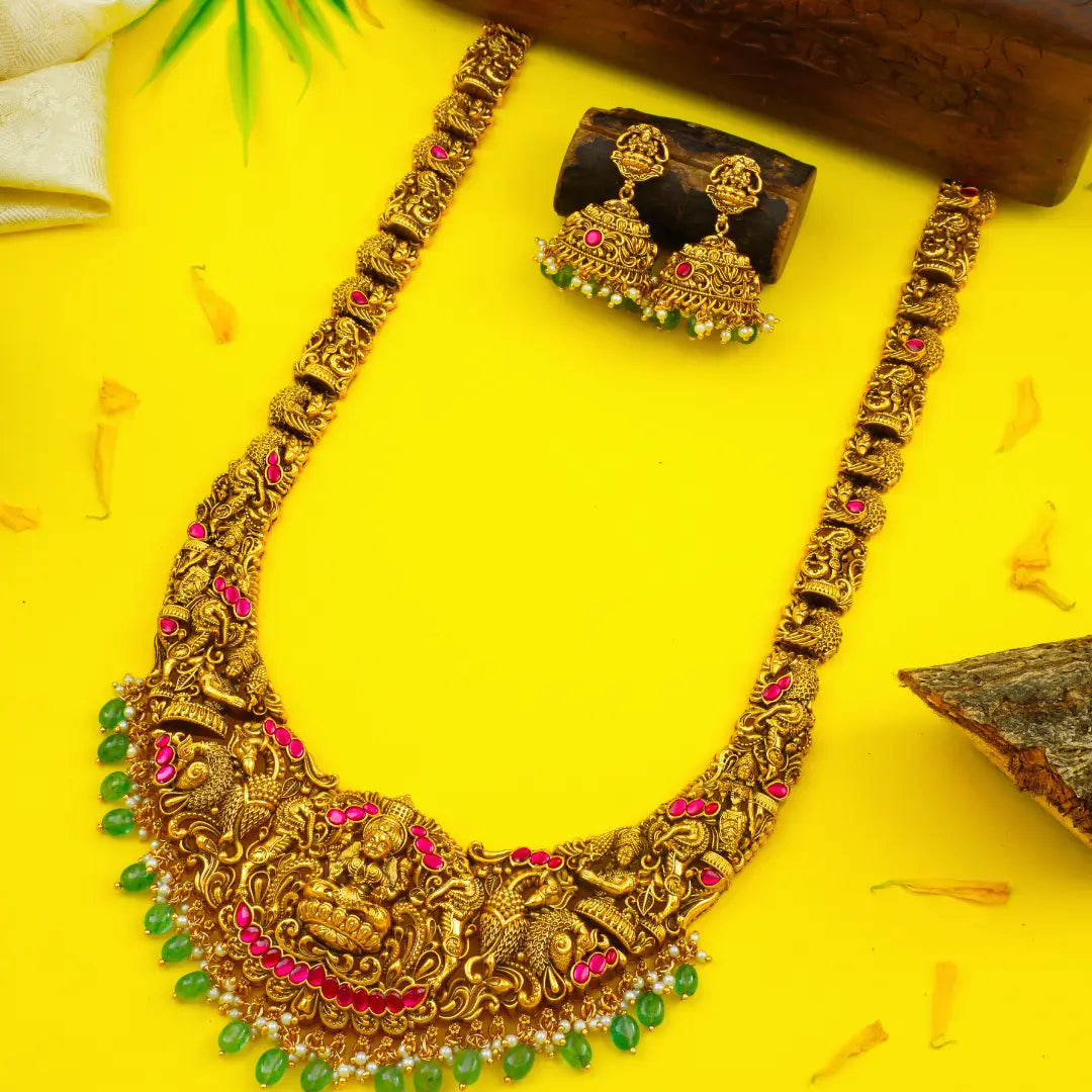 Traditional Bridal Temple Jewellery Long Necklace Set – Laxmi Motif