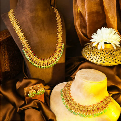  Swarna Antique Pachi Mala Combo Necklace Set | Gold-Plated Temple J-1029N