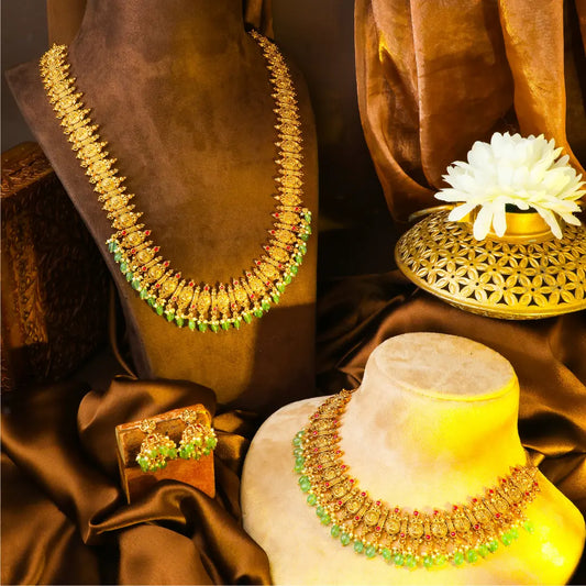  Swarna Antique Pachi Mala Combo Necklace Set | Gold-Plated Temple J-1029N