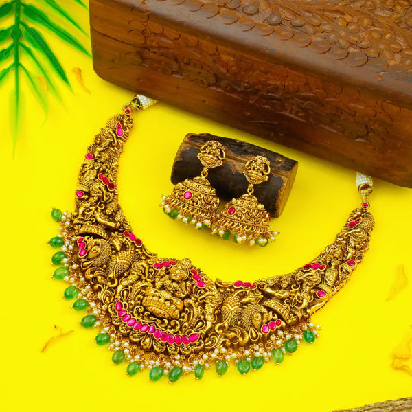 Minimal Bridal Temple Jewellery Short Necklace Set – Laxmi Motif
