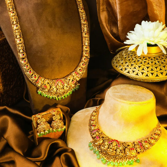 Swarna Muthu Antique Kanti Combo Necklace Set | Gold-Plated Temple J-1027N