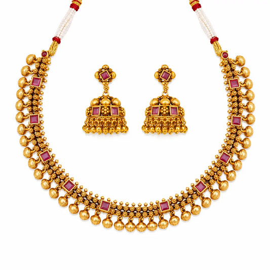 Traditional Temple Jewellery Short Necklace Set with Ruby Stones