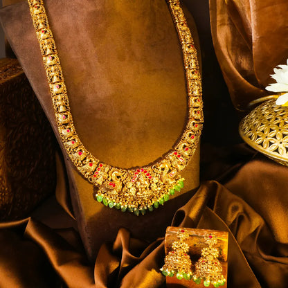 Navaratna Kamalam Swarna Haar Long Necklace Set | Gold-Plated Temple J-1028