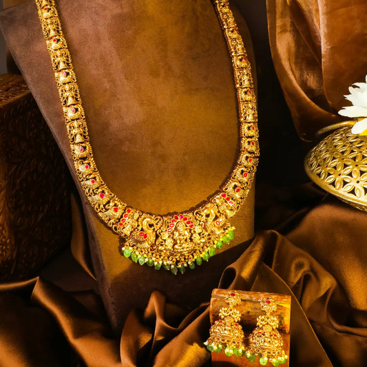 Navaratna Kamalam Swarna Haar Long Necklace Set | Gold-Plated Temple J-1028