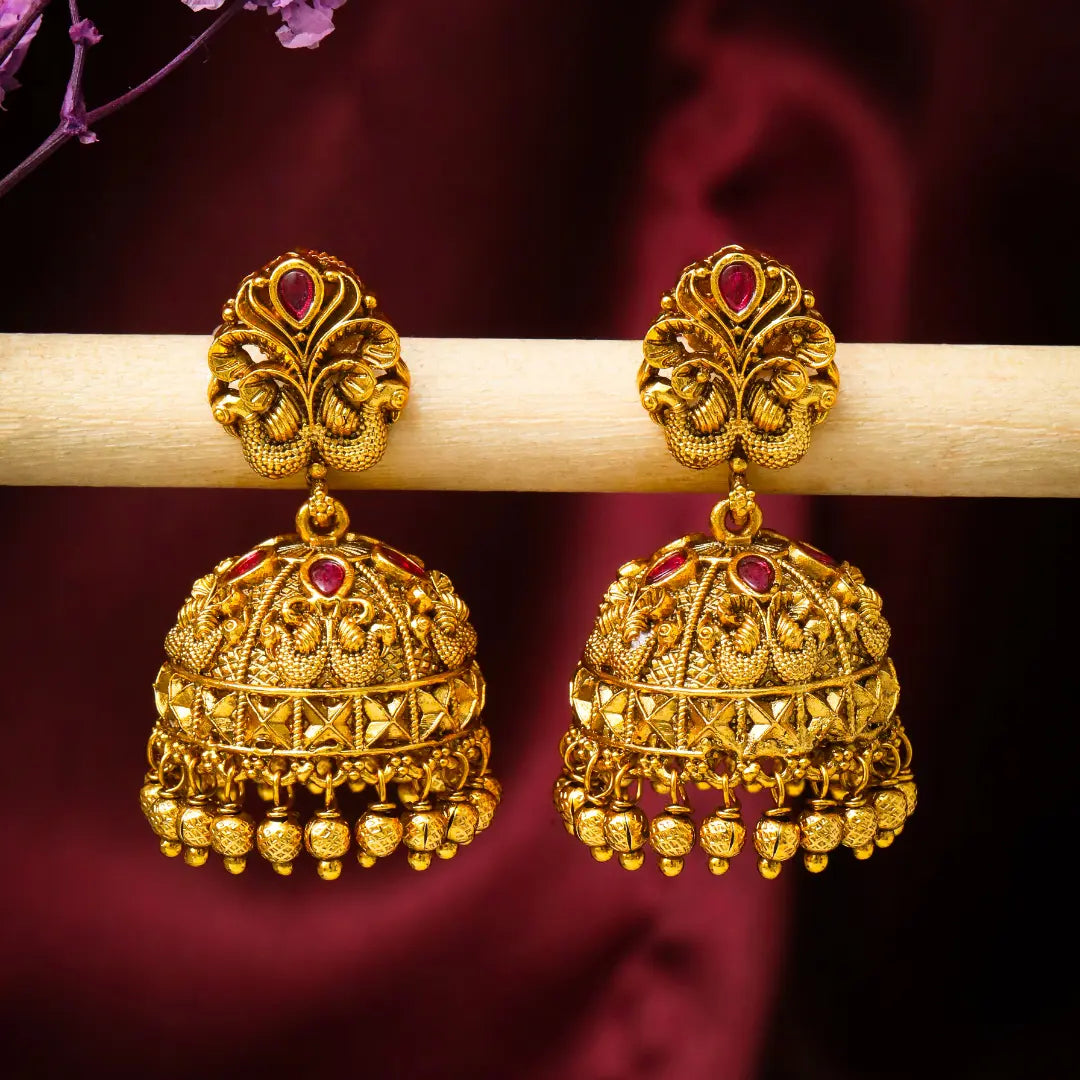 Majestic Peacock Antique Gold-Plated Jhumka R-1126