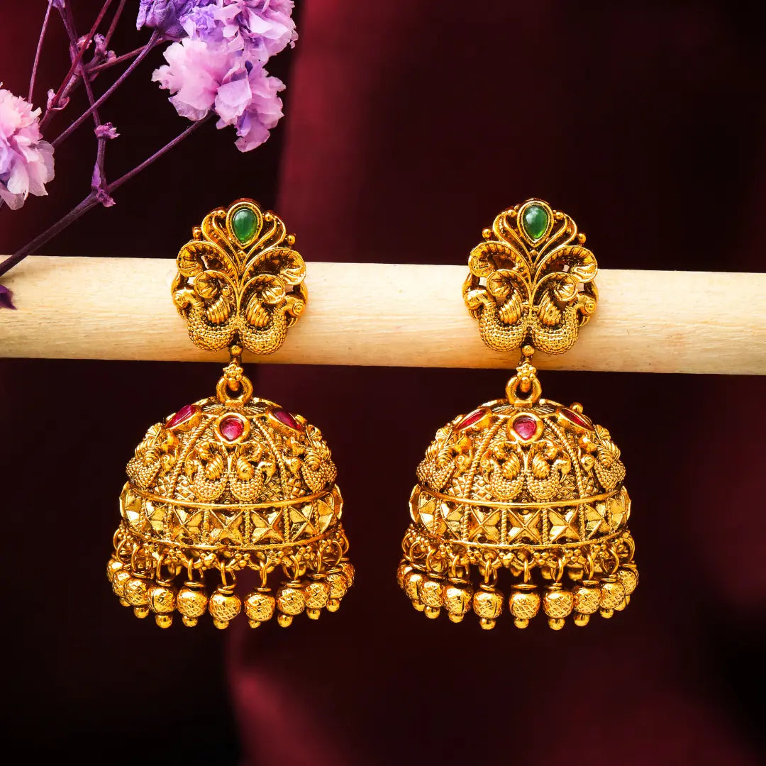 Majestic Peacock Antique Gold-Plated Jhumka R-1126