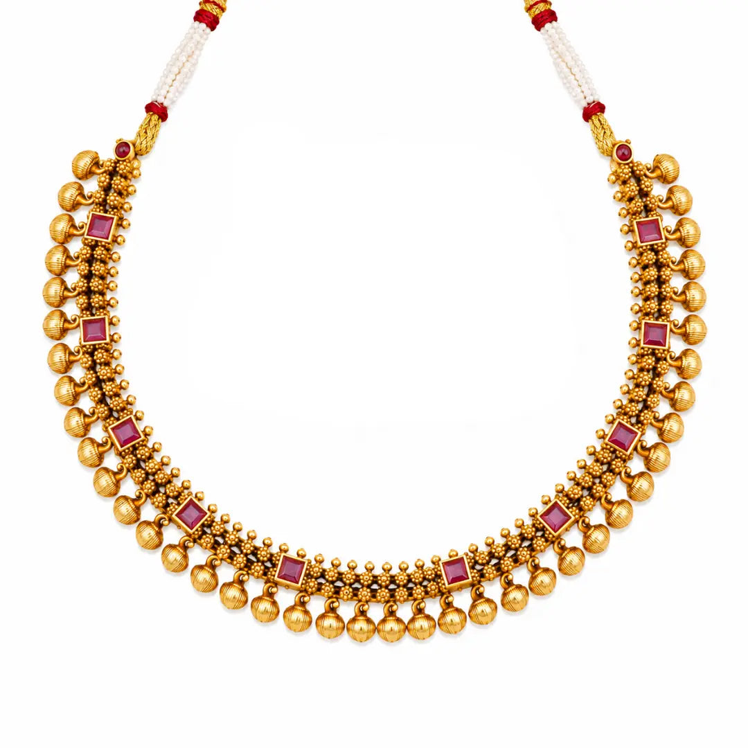Traditional Temple Jewellery Short Necklace Set with Ruby Stones J-1764