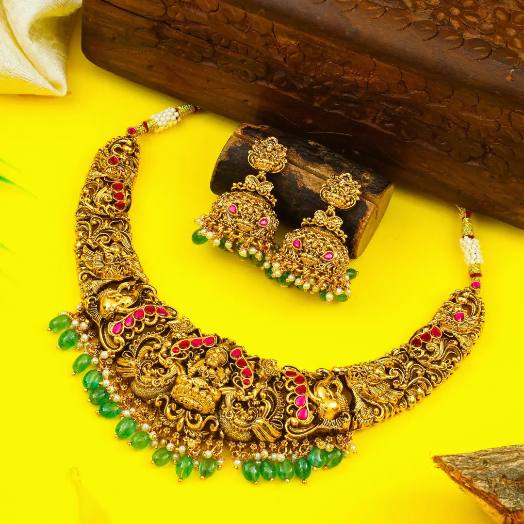 Bridal Temple Jewellery Short Necklace Set with Laxmi Design | Gold Plated