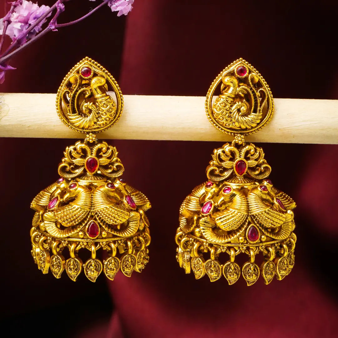 Antique-Finish Peacock Gold-Plated Jhumka  R-1177