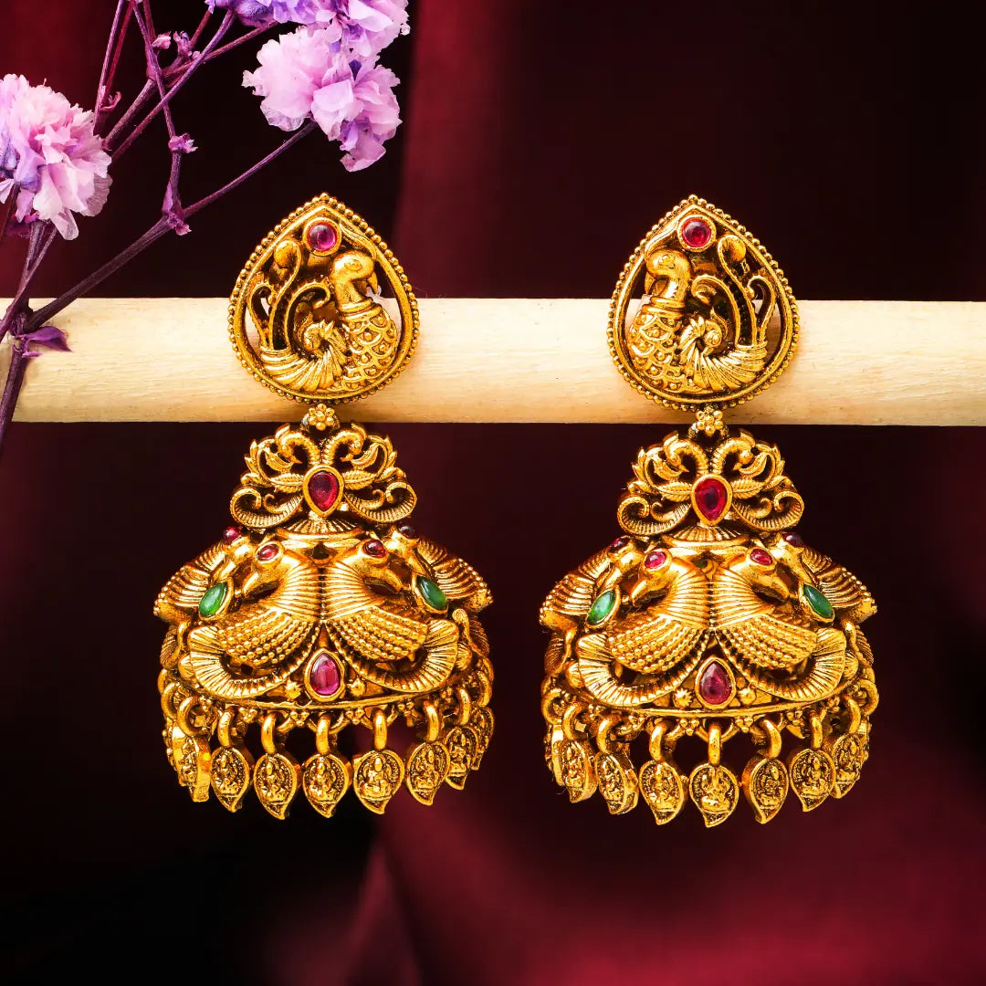 Antique-Finish Peacock Gold-Plated Jhumka  R-1177