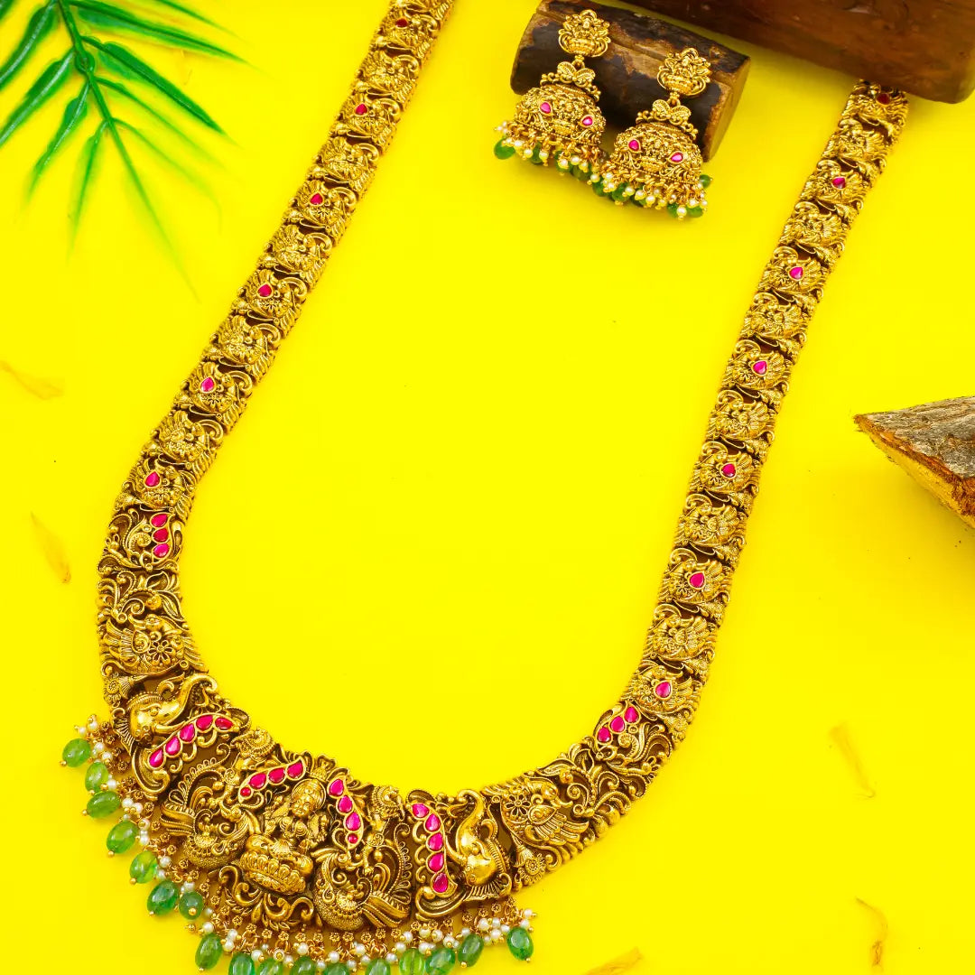 Ethnic Temple Jewellery Long Necklace Set with Laxmi Design