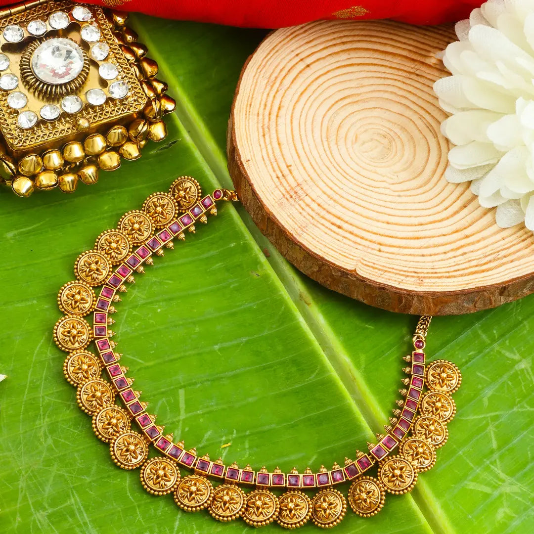 Pushpa Dwi Temple Jewellery Short Necklace Set with Dual Floral Design