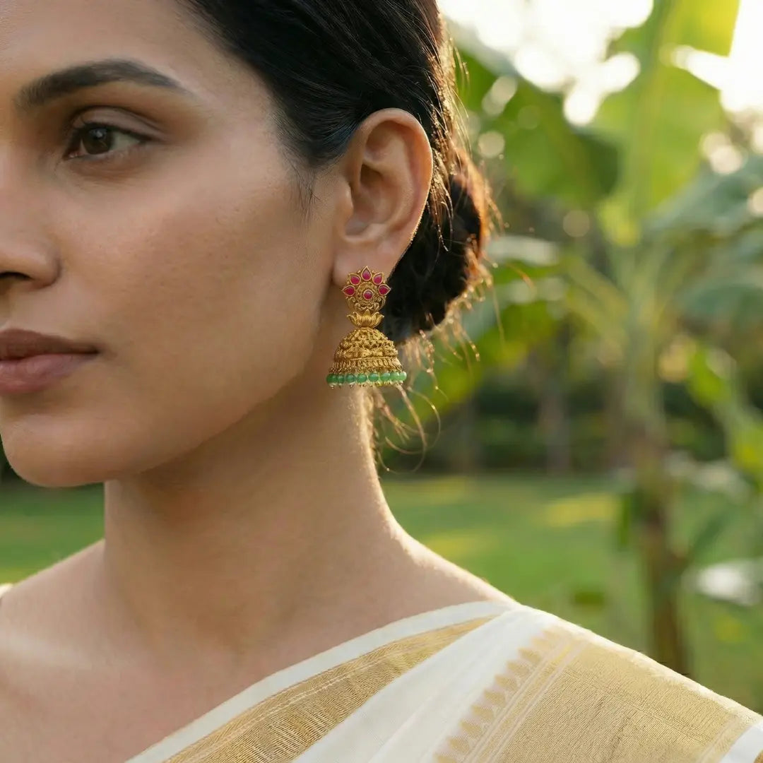 Kamala Vana Jhumka | Gold-Plated Lotus Forest Temple Earrings
