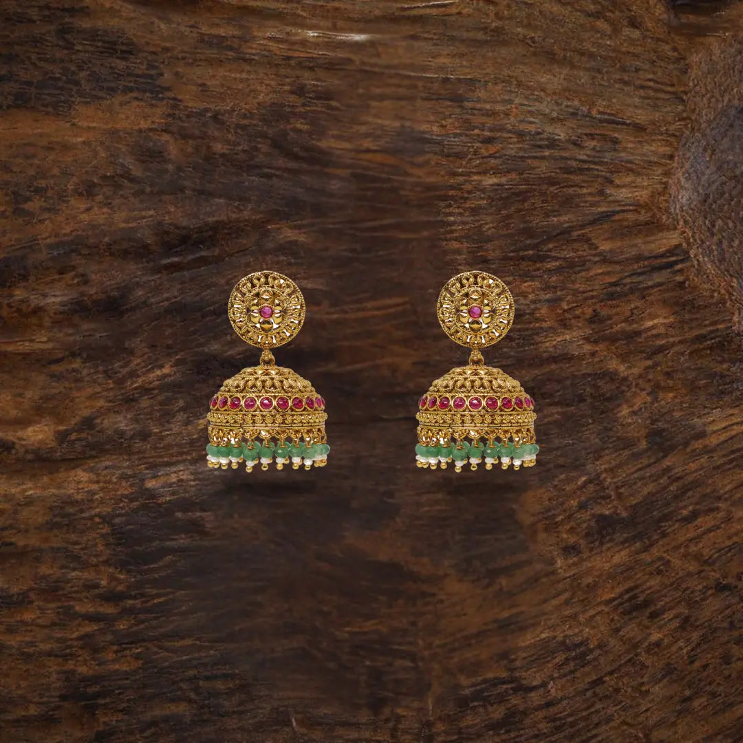 Antique Gold Look Jhumkas with Pink Detailing & Green Beads R-2232