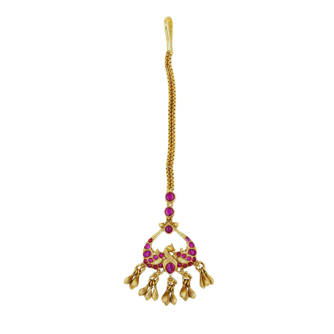 Antique Gold Plated Maang Tikka with Peacock Design