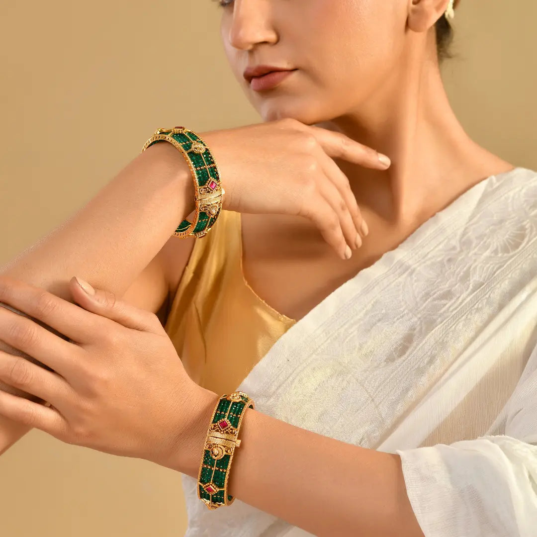 Swarna Pushpa Kaappu Paired Bangle | Gold-Plated Golden Flower Temple Bangle J-1118