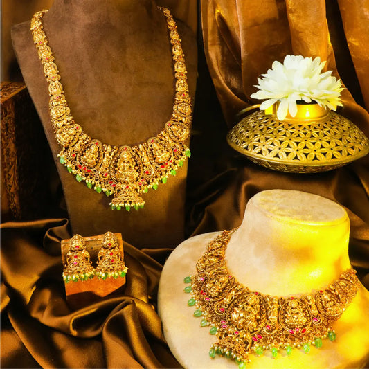 Swarna Navaratna Antique Mala Combo Necklace Set | Gold-Plated Temple J-1013N