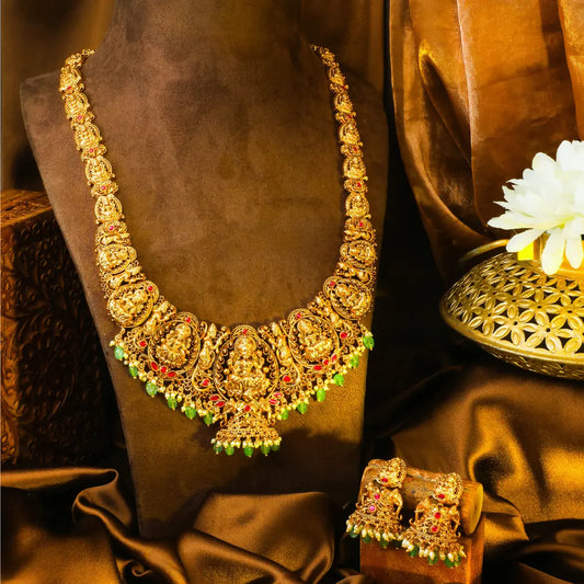 Kamalam Swarna Navaratna Kanti Long Necklace Set | Gold-Plated Temple