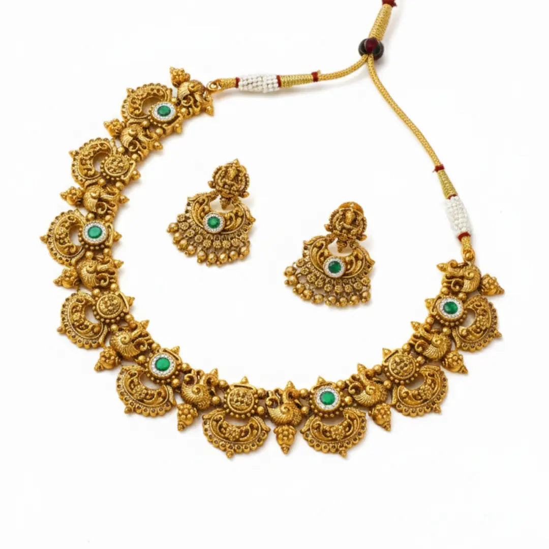 Antique Gold Temple Necklace Set | South Indian Bridal J-936