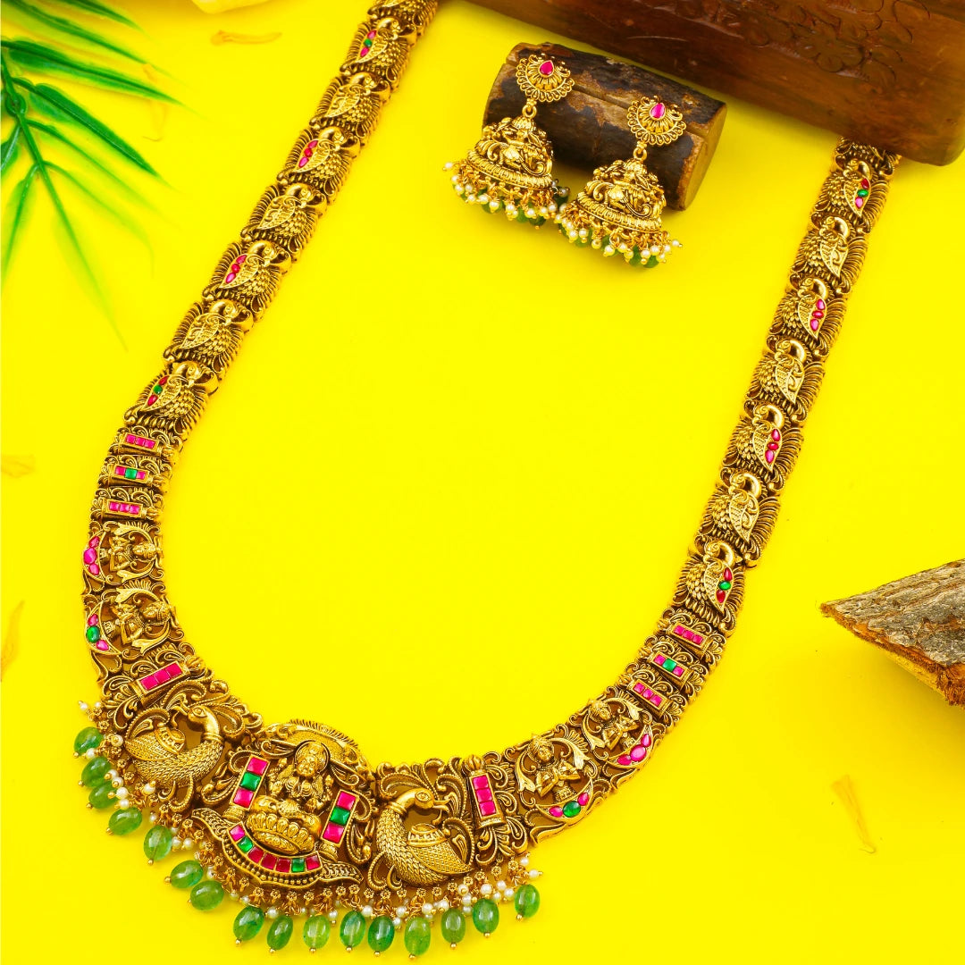Bridal Temple Jewellery Long Necklace Set with Laxmi Design | Gold Plated