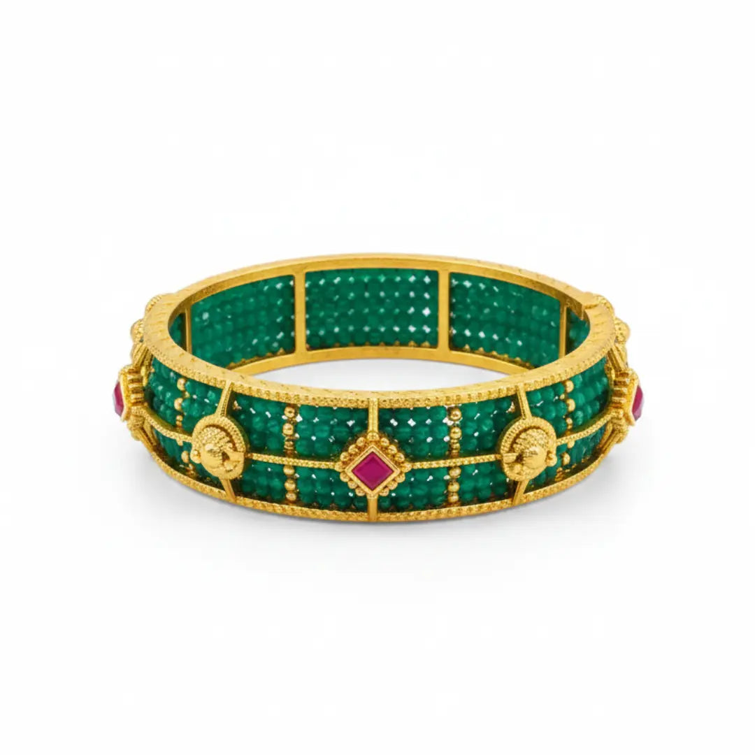 Swarna Pushpa Kaappu Paired Bangle | Gold-Plated Golden Flower Temple Bangle J-1118